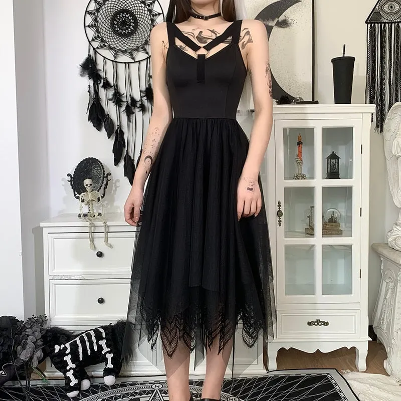 InsGoth Goth Dress Vintage Aesthetic Mesh Black Corset Dress Punk Sexy Hollow Out Backless High Waist Midi Dresses Summer 2021