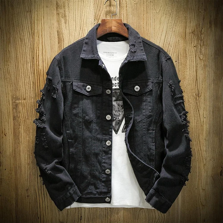 2022 Spring  Autumn New Men's Jean Jacket Streetwear Cotton Denim Jacket Red White Black Ripped Hole Jean Coats Men Outwear