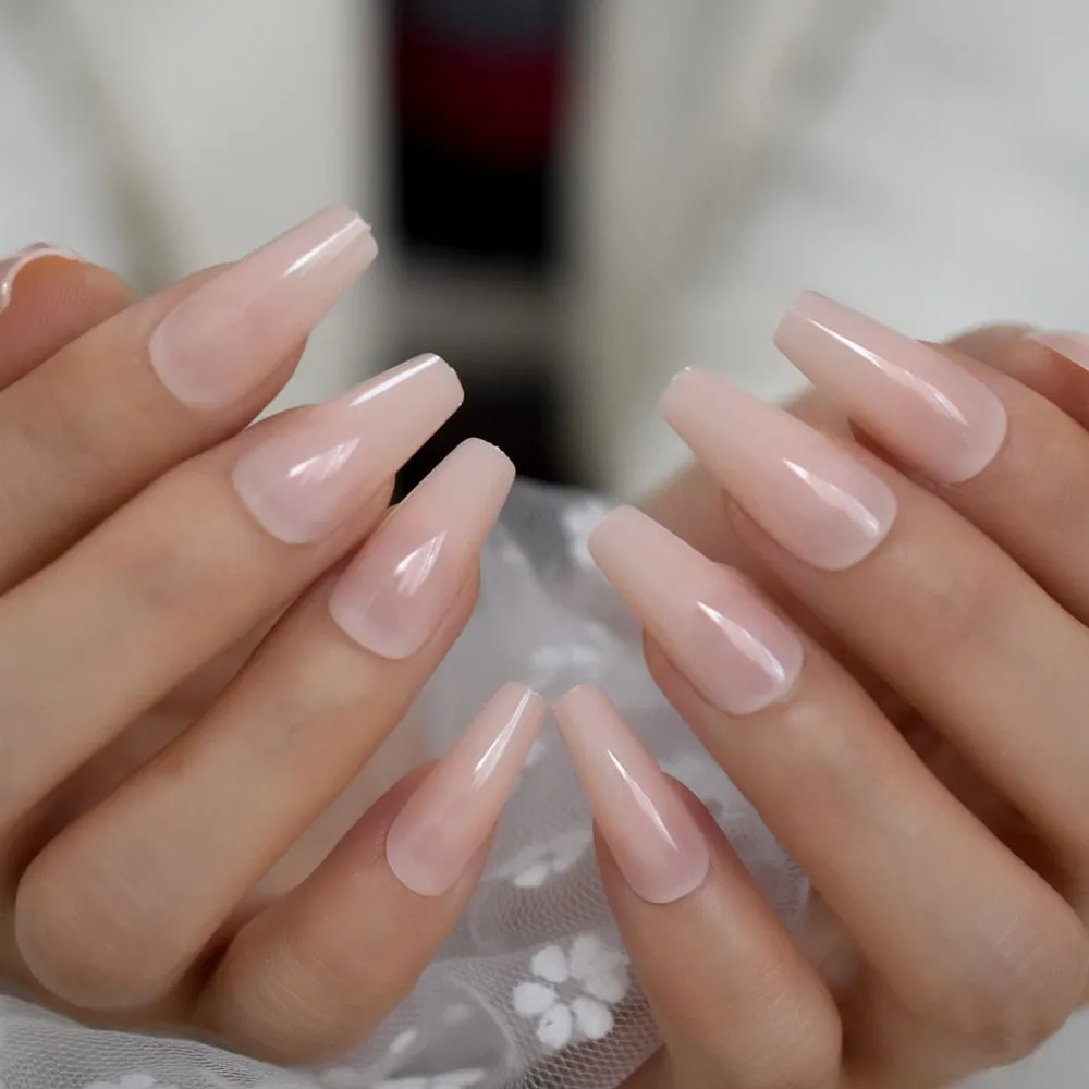 EchiQ Glossy Coffin Fake Nails Pink Long Size Thick Faux Ongles Ballerina Press On Nails Reuseable Square Manicure Tips 24-Nail Inspo