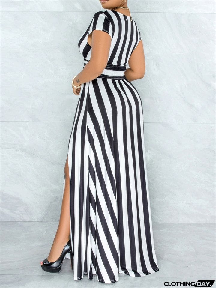 Fashion Sexy Stripe Deep-V Split Dresses