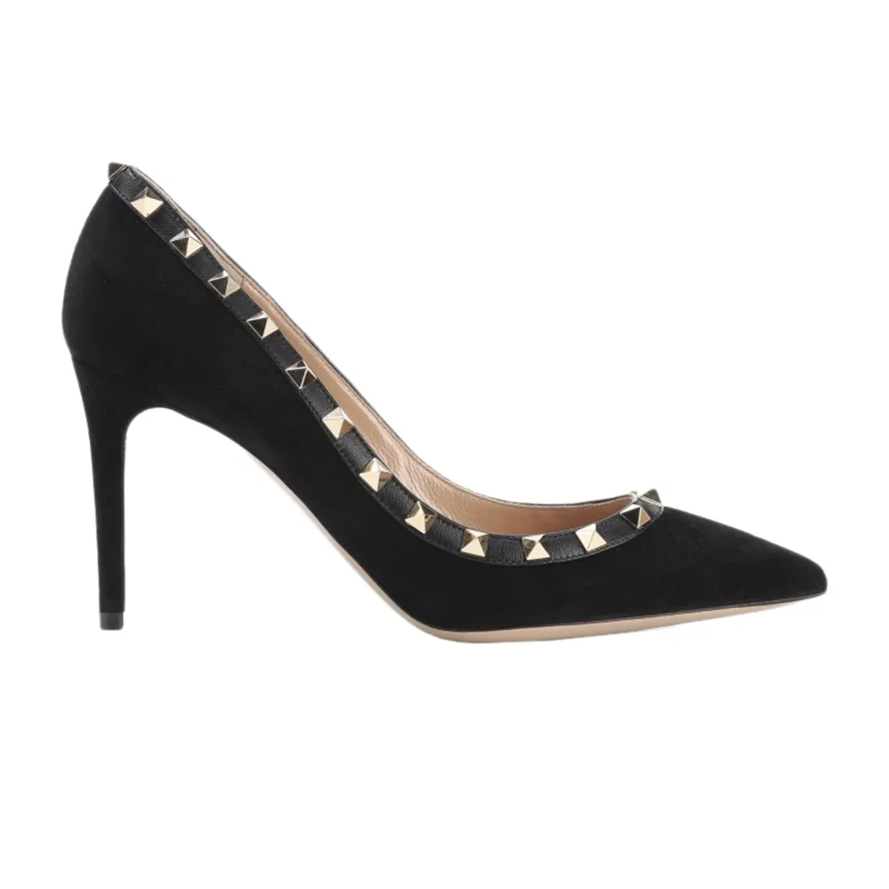 100mm Women's Sexy Pointy Toe Studs Stilettos High Heels Rivets Shoes Black Suede-vocosishoes