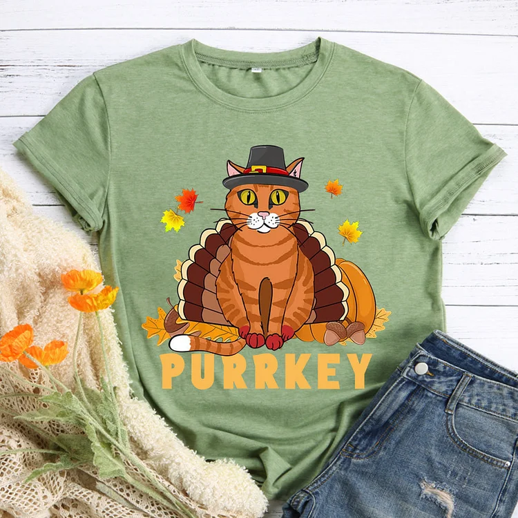 Turkey Cat Funny Thanksgiving T-Shirt Tee -612178