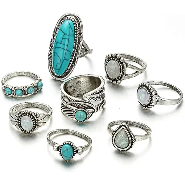 8 Pcs Bohemian Joint Knuckle Rings Set Oval Turquoise Finger Ring Opal Gemstone Teardrop Midi, Punk Leaf Index Ring for Women and Girls