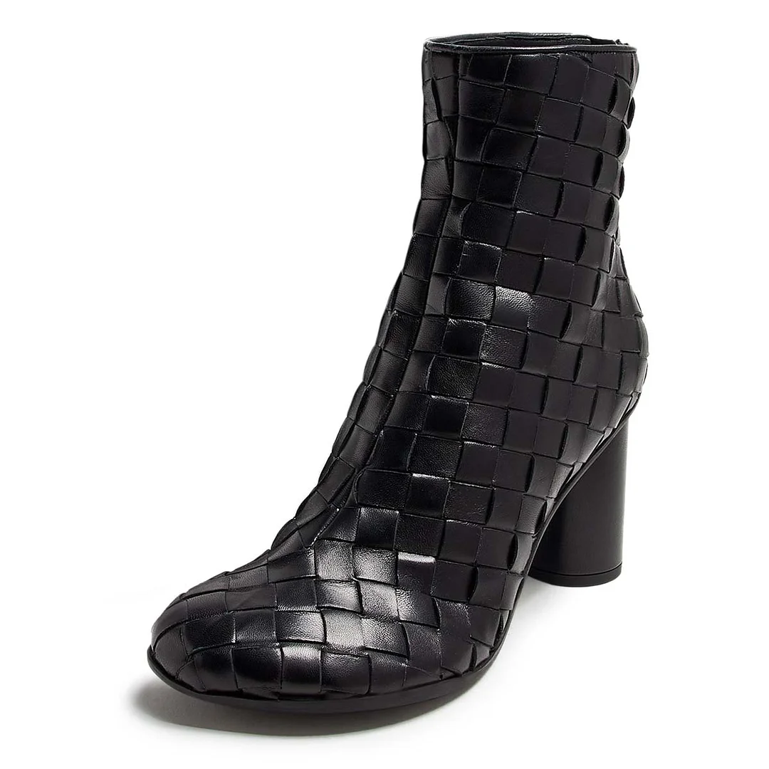 Black Round Toe Woven Cylinder Heel Zipper Short Boots for Women