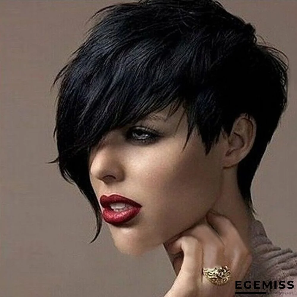 High Temperature Silk Black Oblique Bangs Short Straight Hair Wig Female | EGEMISS