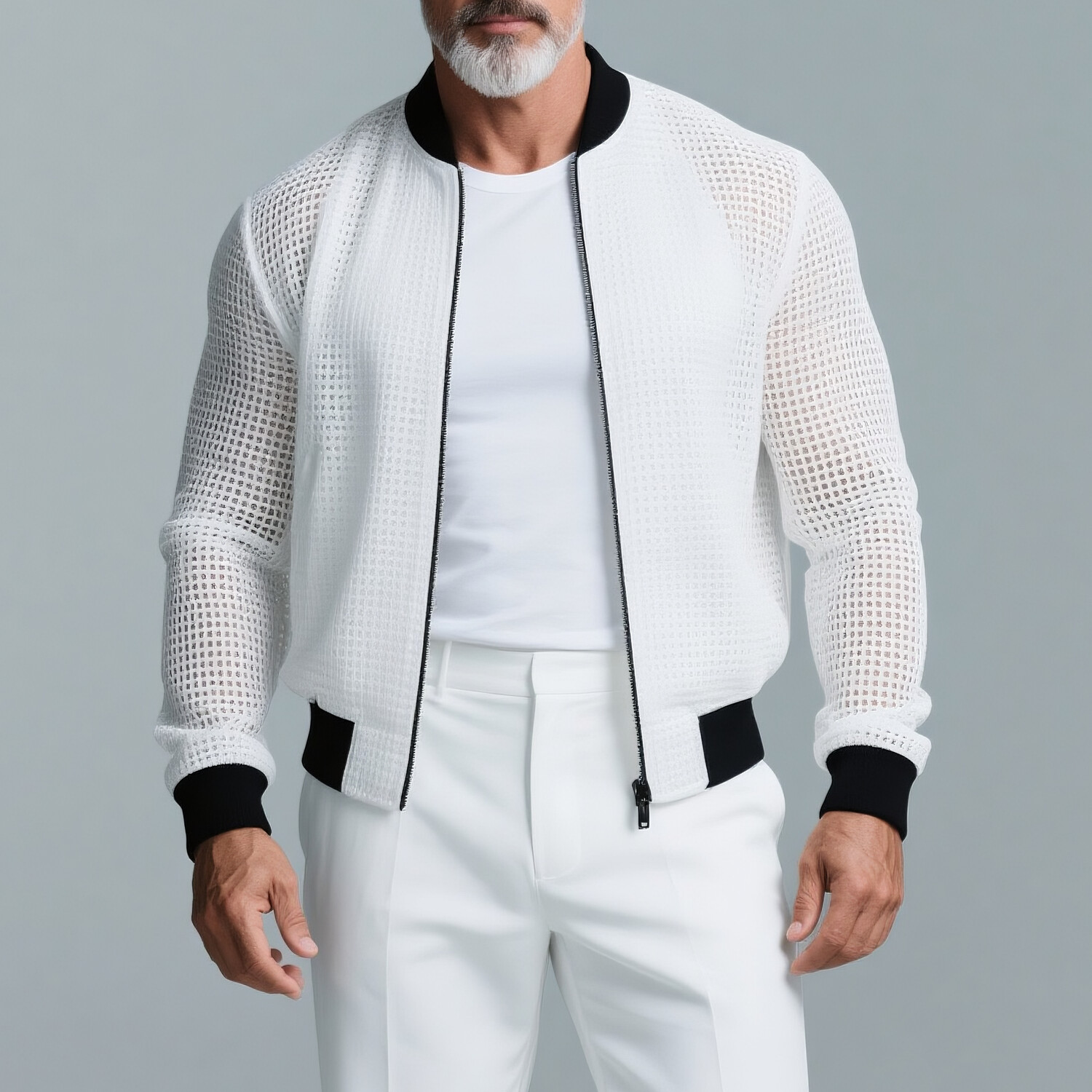 Men's Hollow Out Knit Stand Collar Long Sleeve Zipper Bomber Jacket