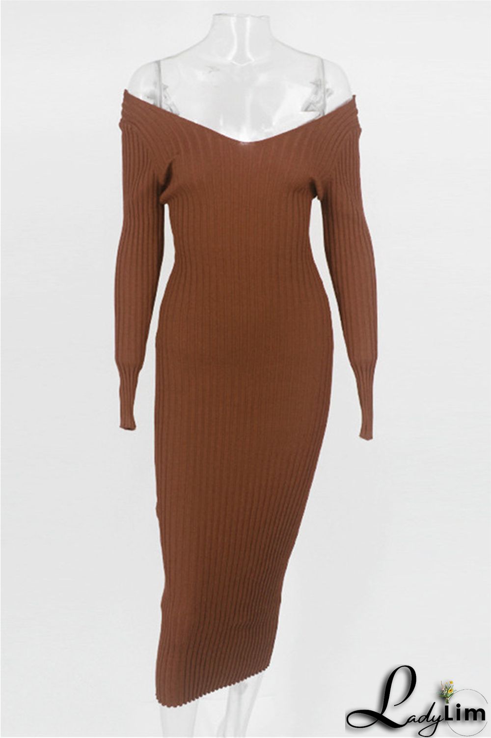 Black Fashion Casual Solid Basic V Neck Long Sleeve Dresses