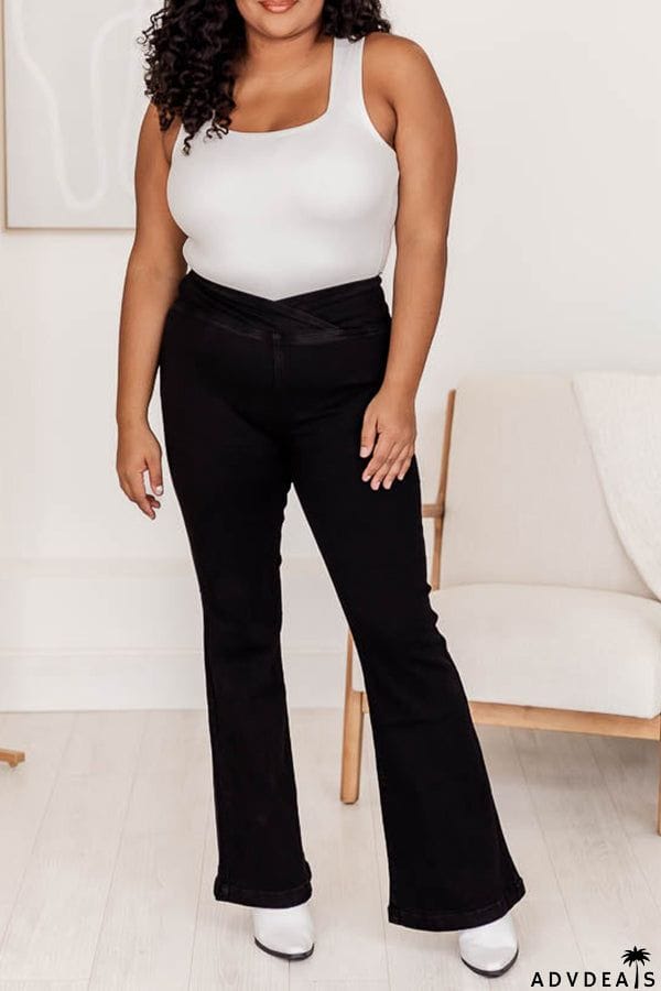 CROSS WAISTBAND BLACK FLARE JEANS