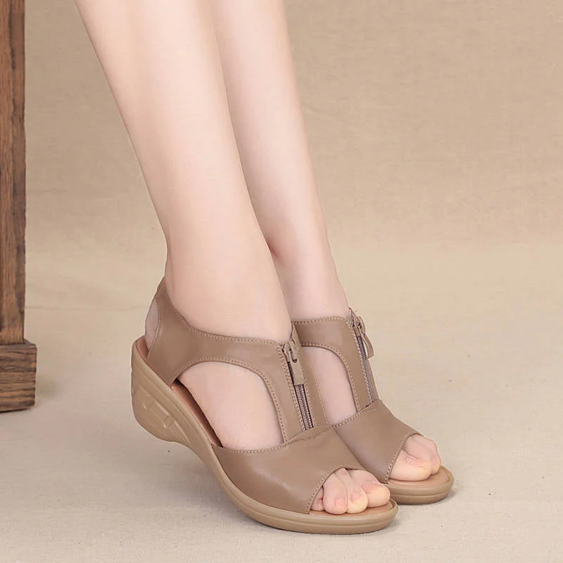 Summer New Women Sandals High Heel Wedges Leather Shoes Woman Solid Casual Zip Platform Sandals Plus Size 35-41 Ladies Shoes