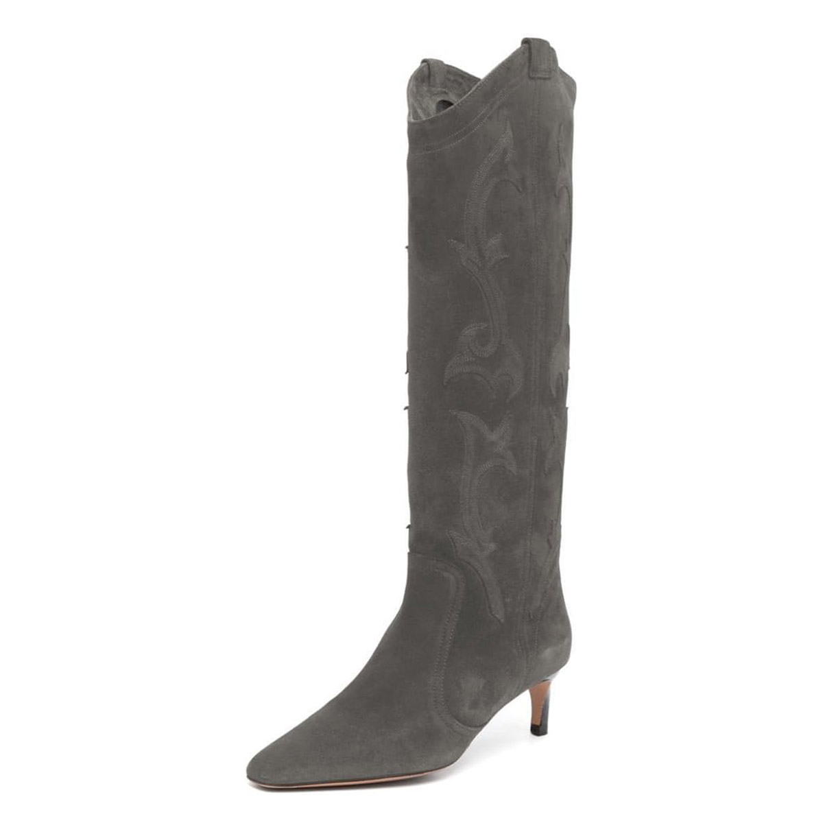Grey Faux Suede Square Toe Low Kitten Heel Knee-High Cowgirl Boots Nicepairs