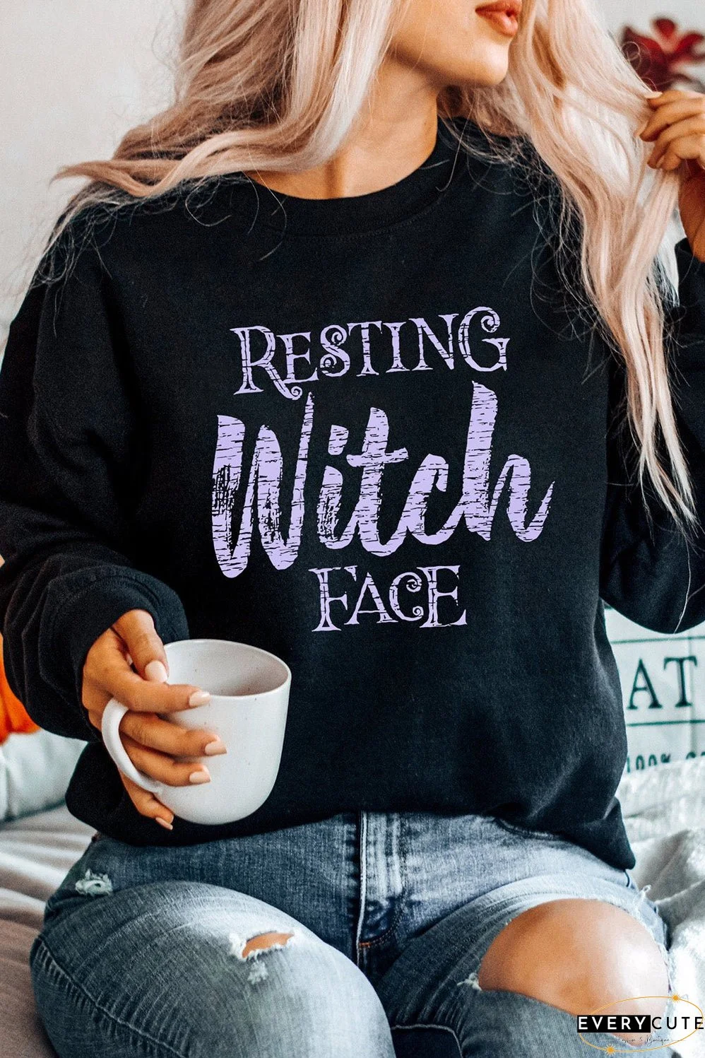Black RESTING Witch FACE Graphic Pullover Sweatshirt