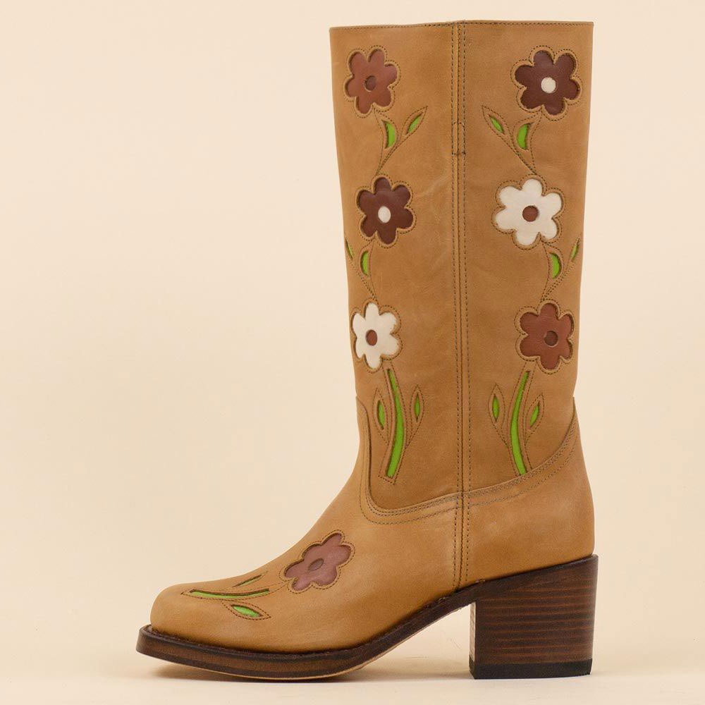Brown Square Toe Floral Inlay Heeled Mid-Calf Cowboy Boots for Women