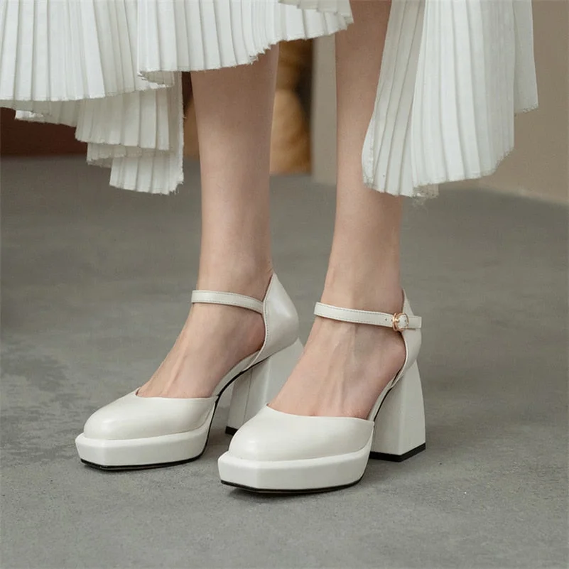 Vstacam Platform High Heels Shoes Women Natural Genuine Leather Round Toe Buckle Pumps Thick Heel Laddies Footwear Spring White