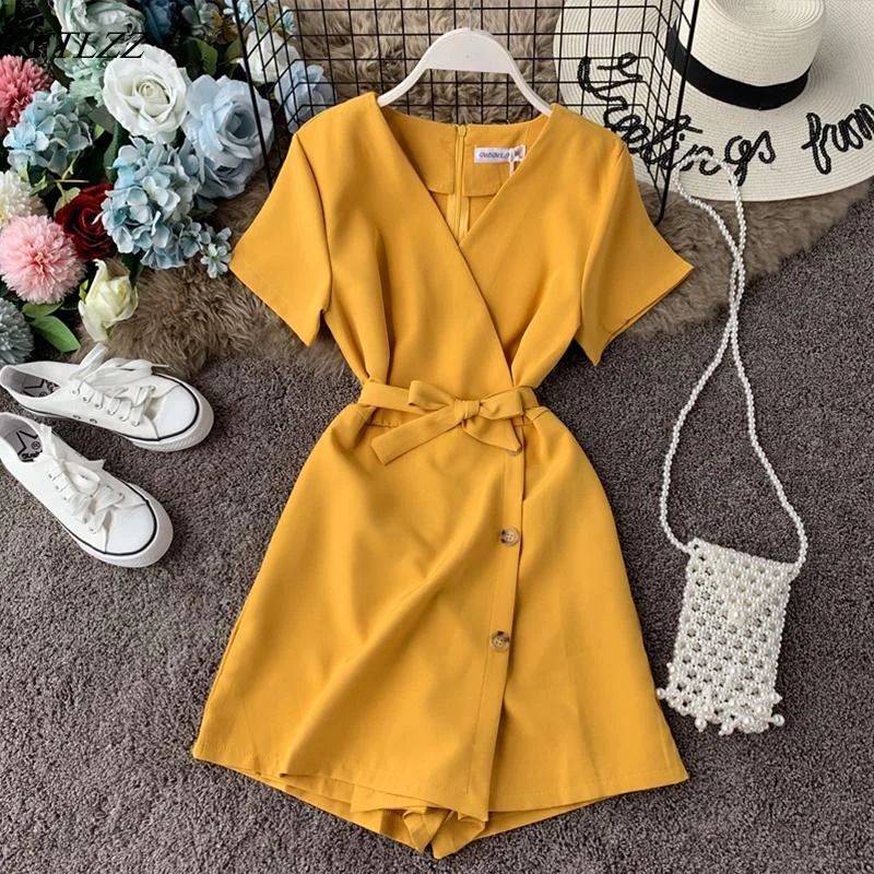 FTLZZ V-neck Beach Playsuits Women Vintage With Belt High Waist Wide-legged Shorts Pants Slim Holiday Jumpsuits