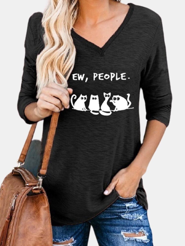 Cartoon Cat Print V neck Long Sleeve Casual Women T Shirt P1768703