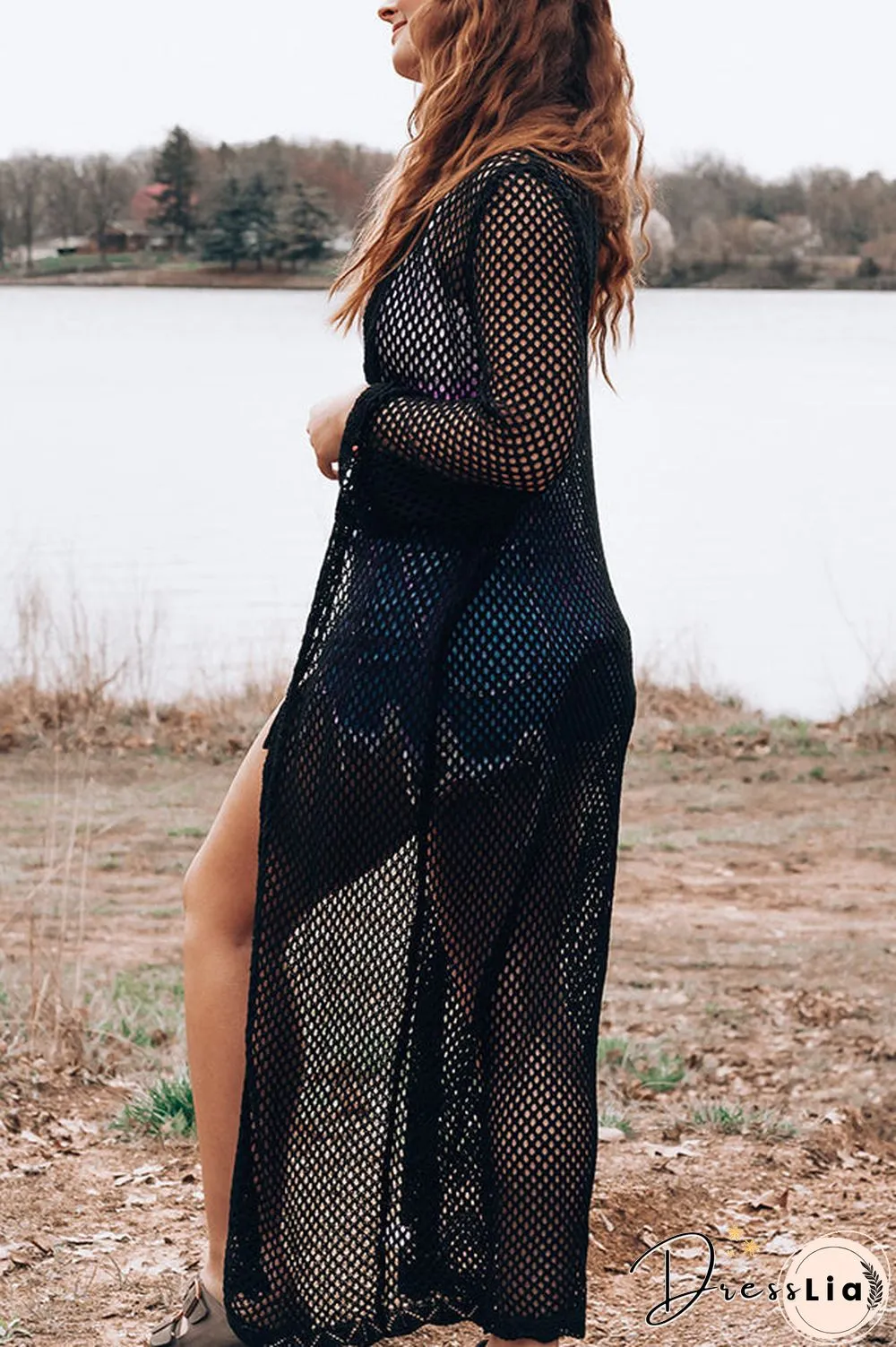 Knitted Pierced Solid Color Beach Coat