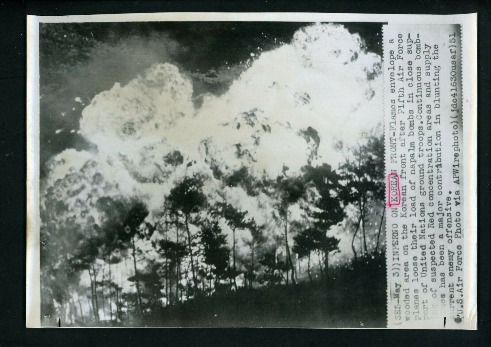 Fifth Air Force drops napalm bombs for UN troops Korean War 1951 Press Photo Poster painting