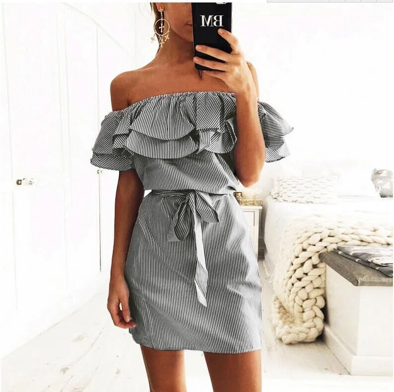 Off Shoulder Strapless Striped Ruffles Dress Women 2020 Summer Sundresses Beach Casual Shirt Short Mini Party Dresses Robe Femme