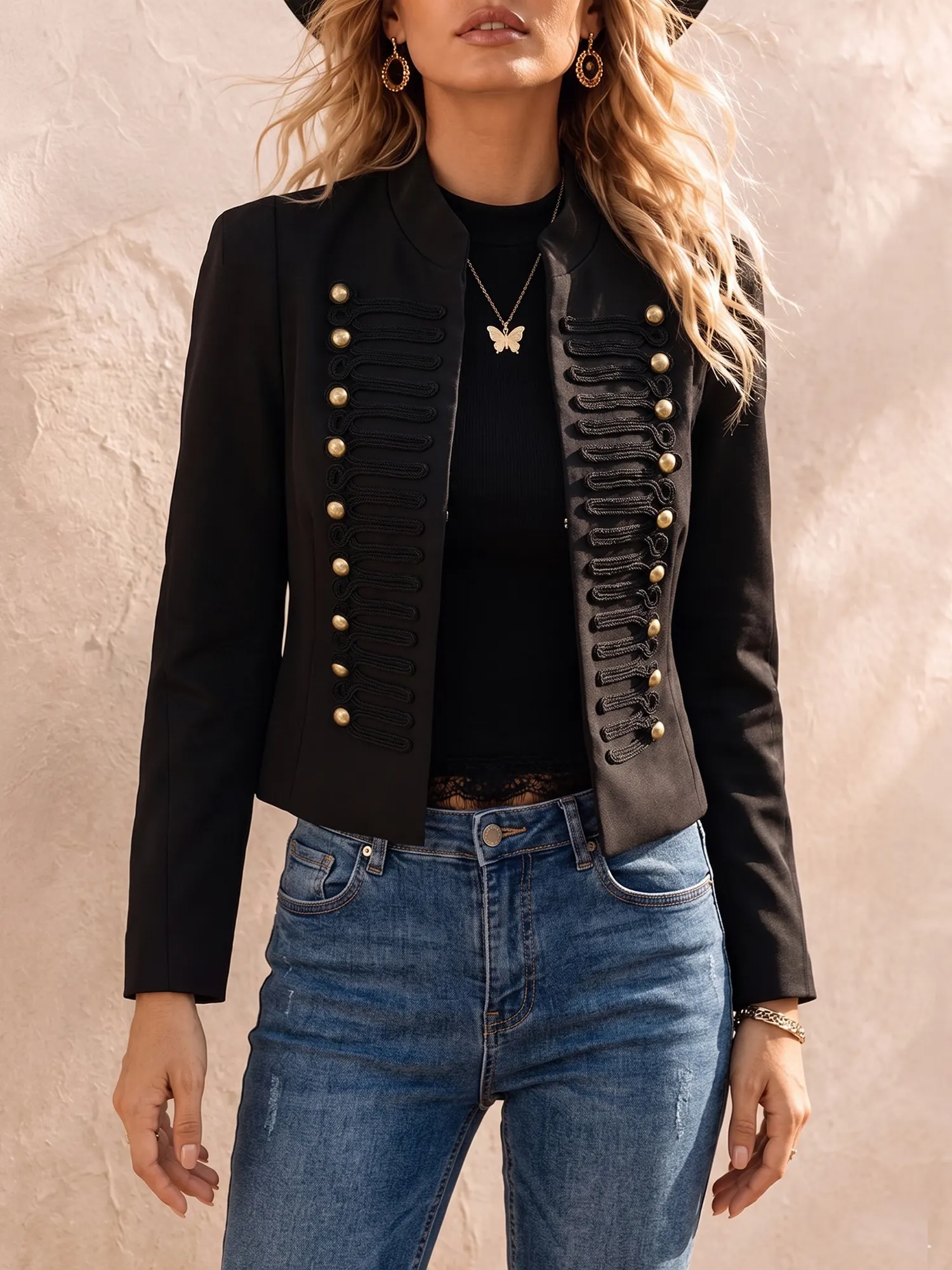 Western Outfits &mdash; Women's Obsidian Black Padded Shoulder Soutache Embroidered Twill Blazer