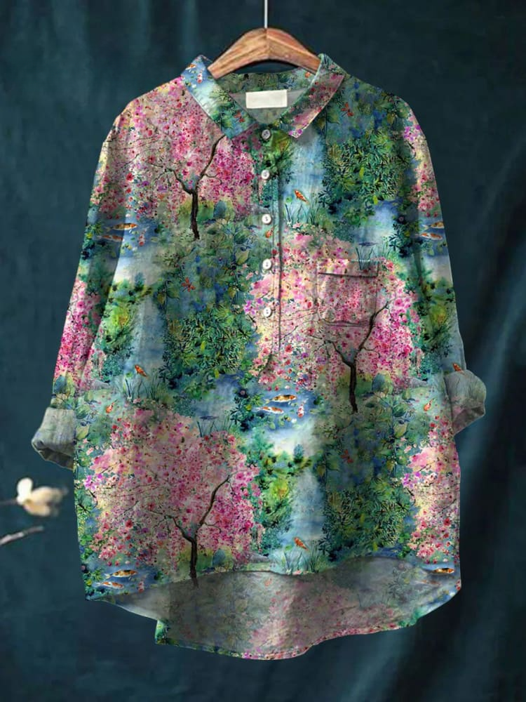 Women's Fancy Nature Art Print Casual Cotton And Linen Shirt