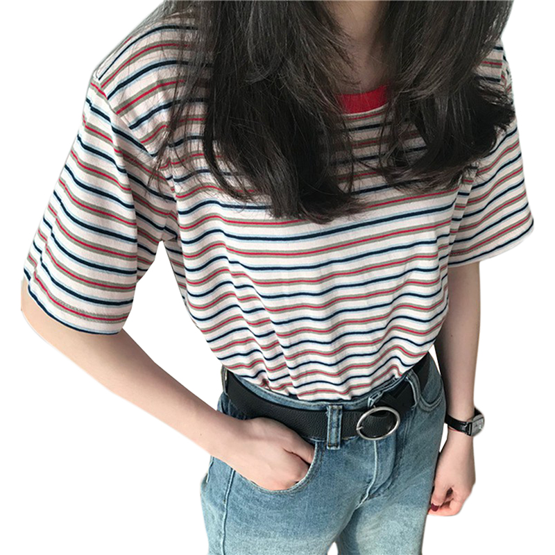 Summer Casual Women's T Shirt Short Sleeve O-Neck Striped Loose Tee Blouse
