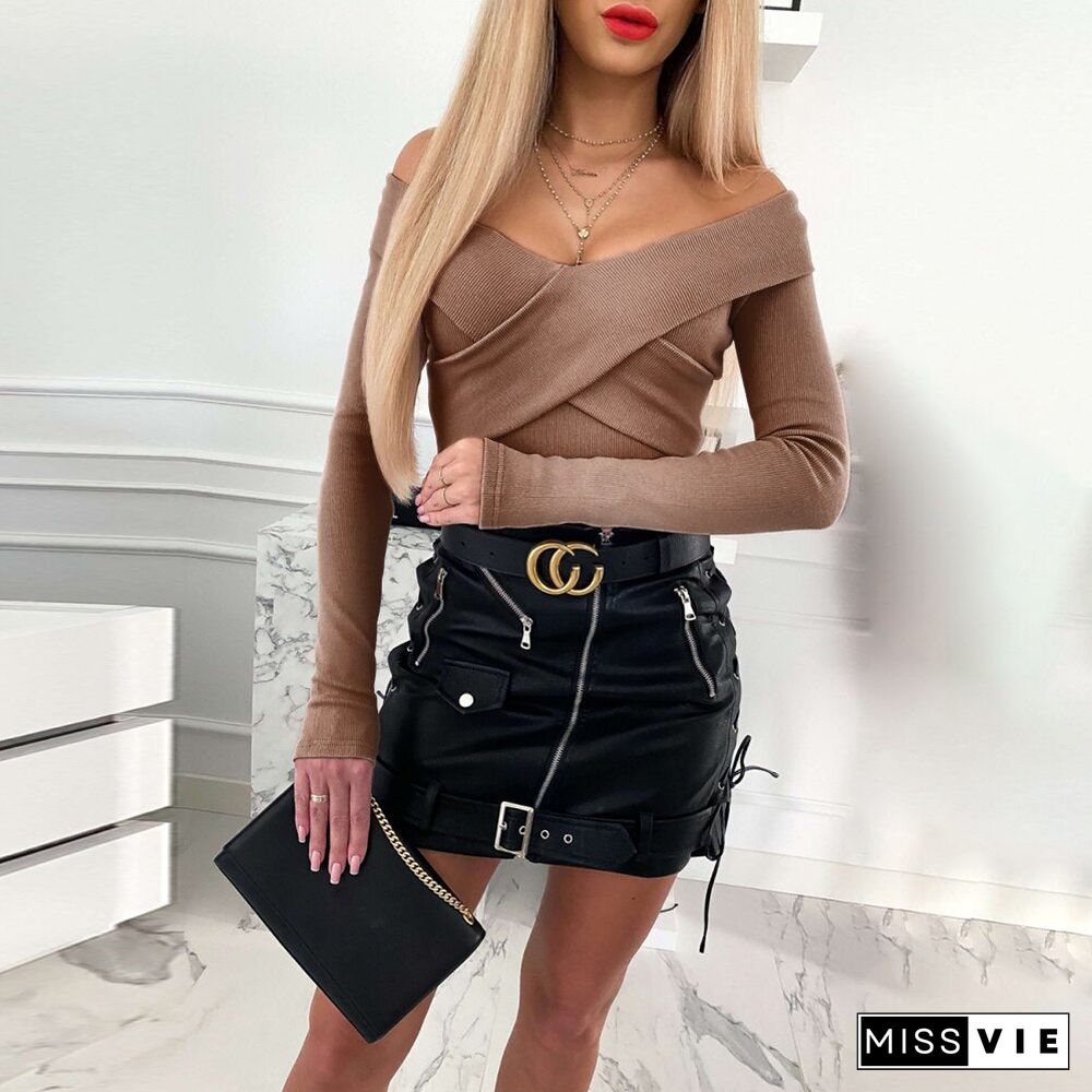 Elegant Women Knit Slash Neck Tops Cute Romantic Long Sleeve Cutaway Pullover Basic Cross