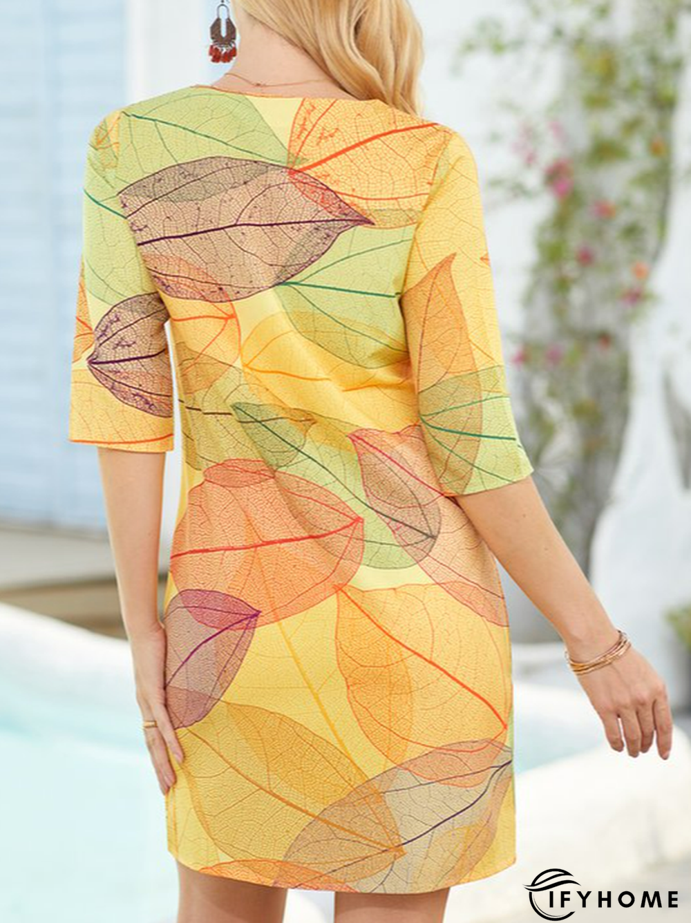 Women Vintage Casual Half Sleeve V Neck Leaves Dress | IFYHOME