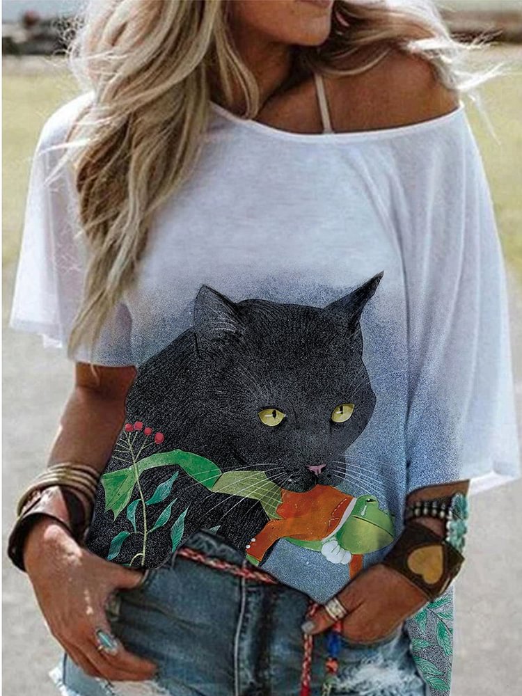 Bestdealfriday Big Black Cat Drop Shoulder T-Shirt 9827645