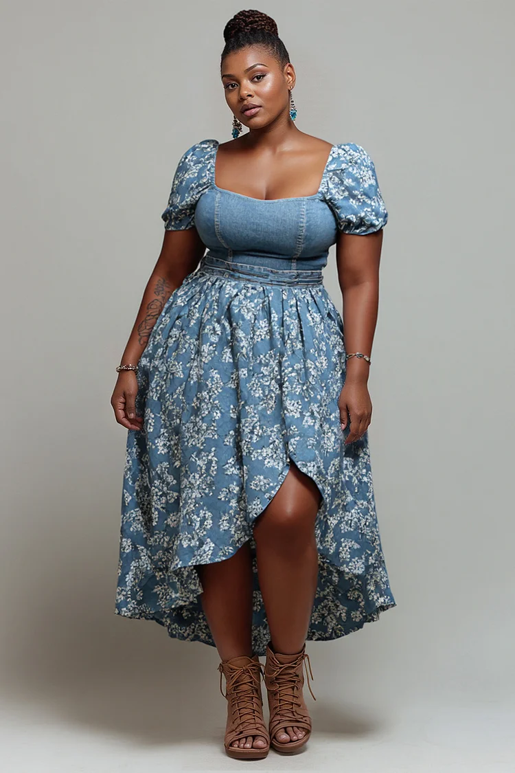 Xpluswear Design Plus Size Vacation Light Blue Floral Square Neck Short Sleeve High Low Hem Contrast Tencel Denim Midi Dresses [Pre-Order] 2024 - Xpluswear
