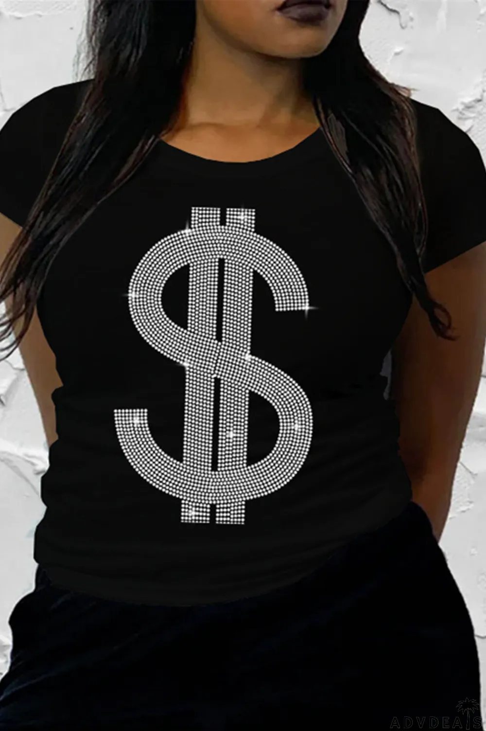 Black Fashion Casual Solid Split Joint Hot Drill O Neck T-Shirts