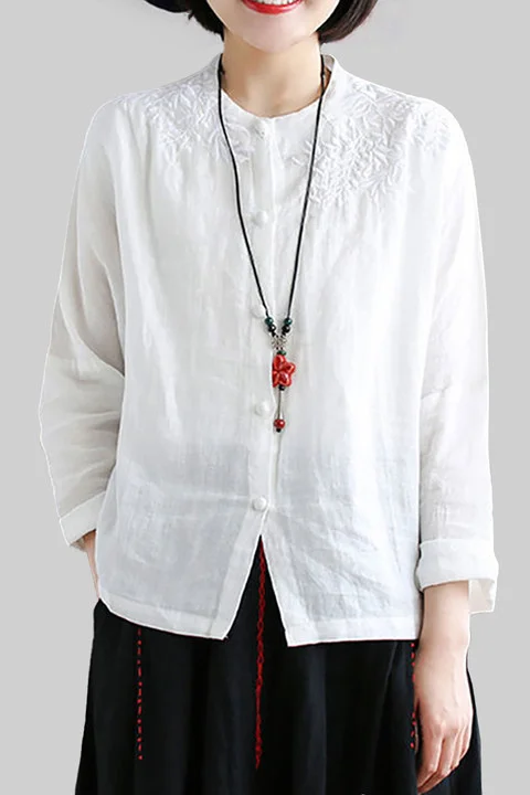 Embroidery Long Sleeve Round Neck Linen Top
