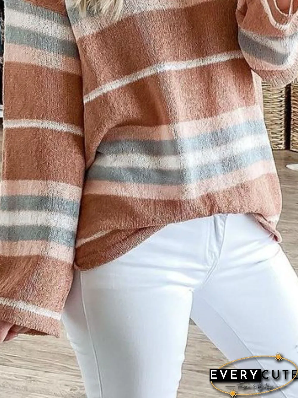 Striped Casual Autumn Polyester Natural Mid-weight Daily Long sleeve Crew Neck Sweater for Women