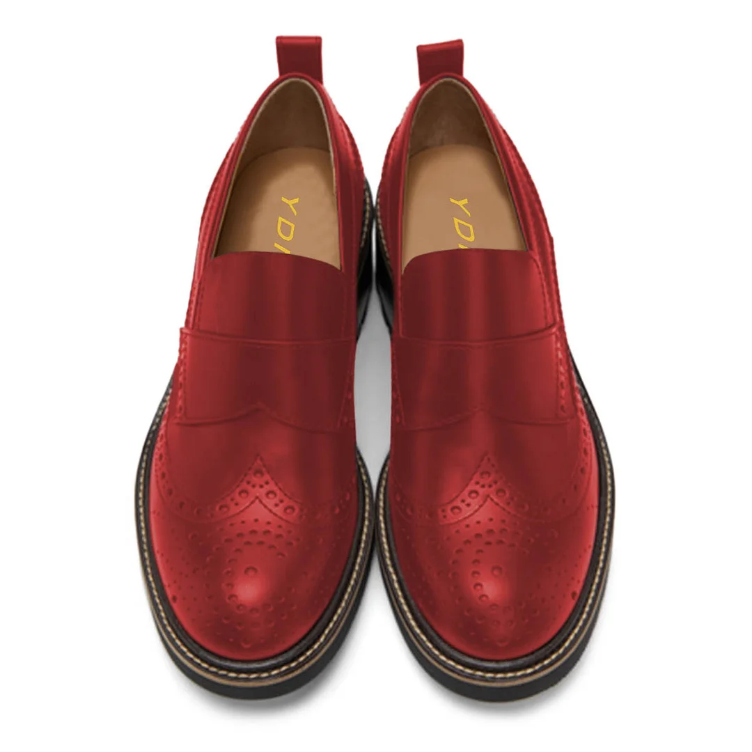 Slip-On Hollowed Round Toe Block Heeled Loafers Women in Red