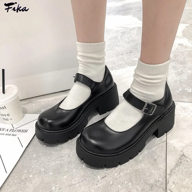 Platform Lolita Shoes Women Leather Pumps Student Round Toe High Heels Shoes Japanese Style Mary Jane Shoes College Student 2021