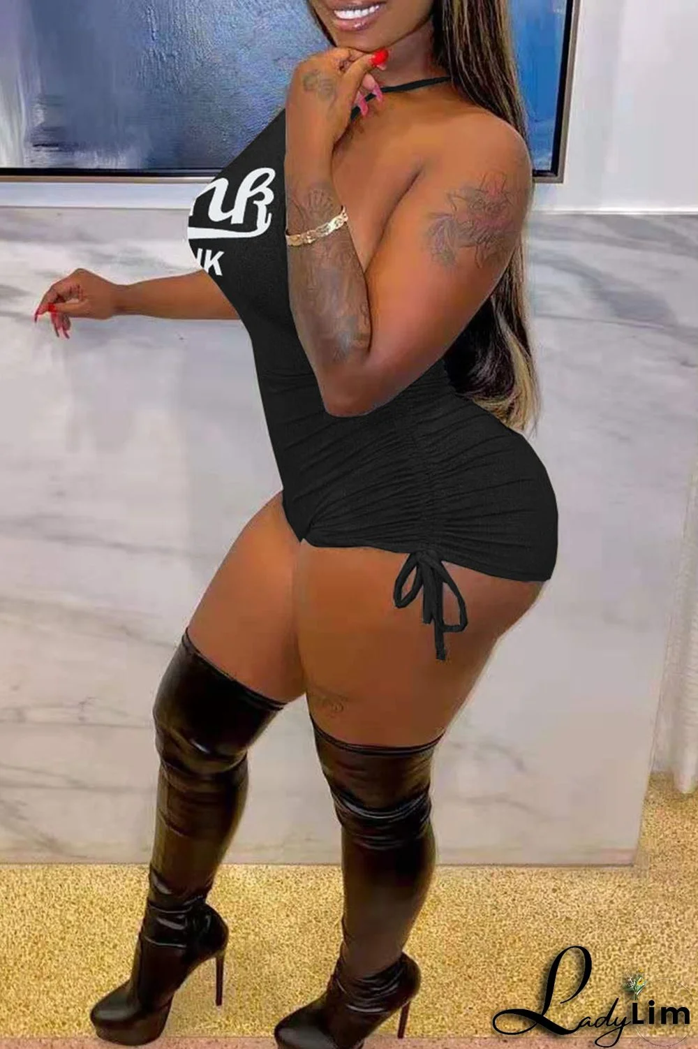 Sky Blue Fashion Casual Letter Print Backless Halter Skinny Romper