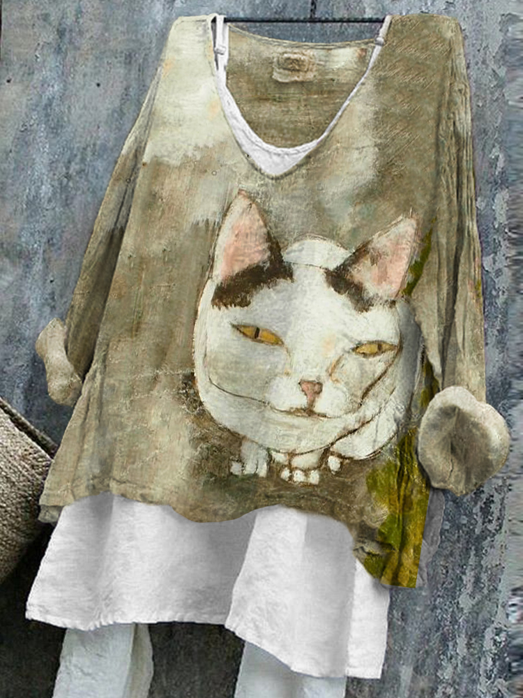 Women's Japanese Art Cat Print Linen Blend Vintage Shirt  artssus