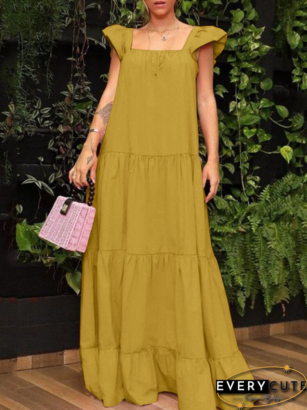 Solid Ruffle Backless Square Collar Casual Maxi Dress