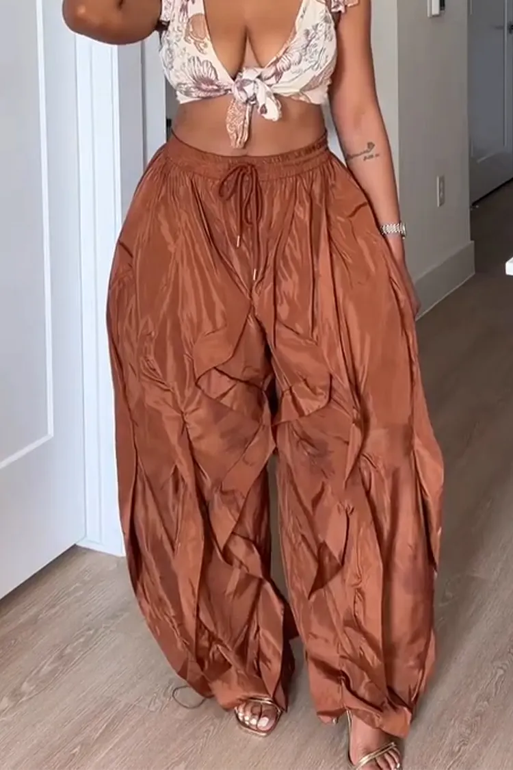 Women Solid-Color Casual Wide-Leg Pants with Drawstring and Contrast Stitching