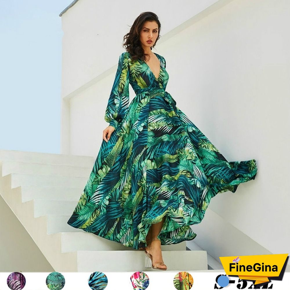 Green Purple Tropical Beach Vintage Maxi Dresses Long Sleeve Dress Boho Casual V Neck Belt Lace Up Tunic Plus Size Dress