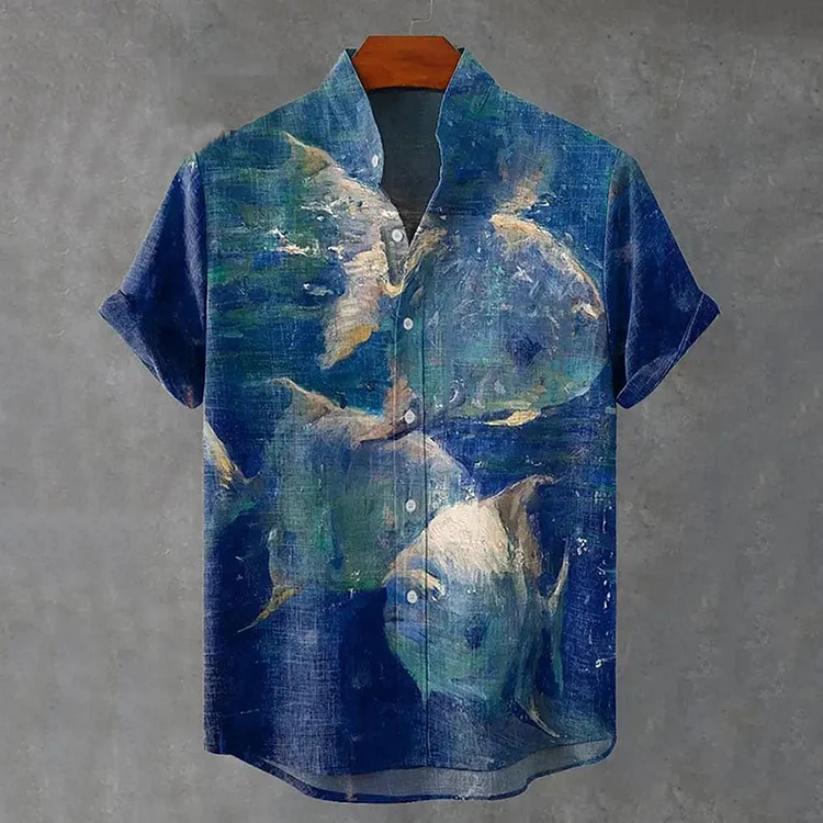 Men's Vintage Fish Art Print Casual Short Sleeve Shirt
