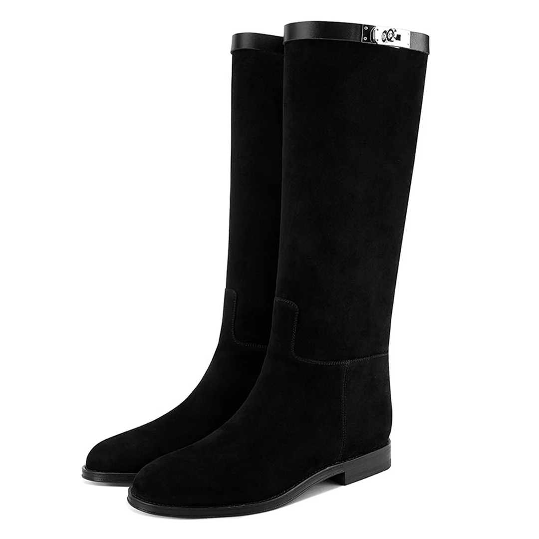 Elegant Black Knee High Closed Toe Flats Fashion Boots for Women