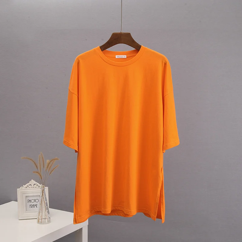 Athvotar Athvotar Loose Open Fork Cotton Short-Sleeved T-Shirt Women Comfortable Round Neck Solid Color T Hot Sale