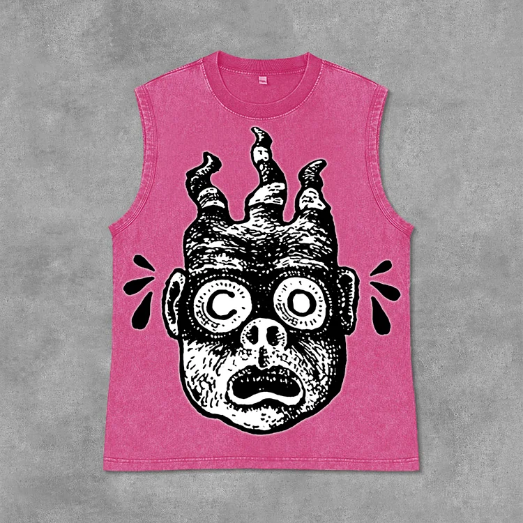 Funny Cartoon Avatar Graphics Print Casual Acid Washed Sleeveless Tank Top SOPULA