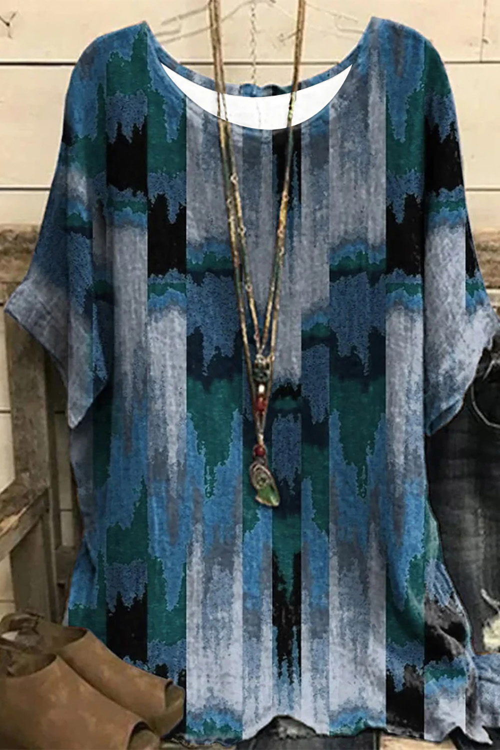 Flycurvy Plus Size Casual Brown Linen Colorblock Artistic Graffiti Print Blouse 2024 - Flycurvy 