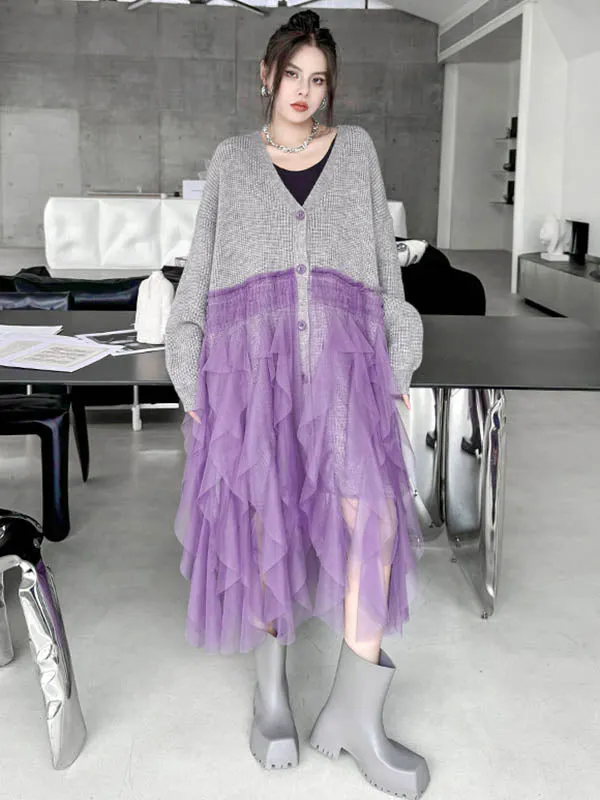 High-Low Irregularity Buttoned Contrast Color Mesh Pleated Ribs Split-Joint Collarless Cardigan Tops Outerwear