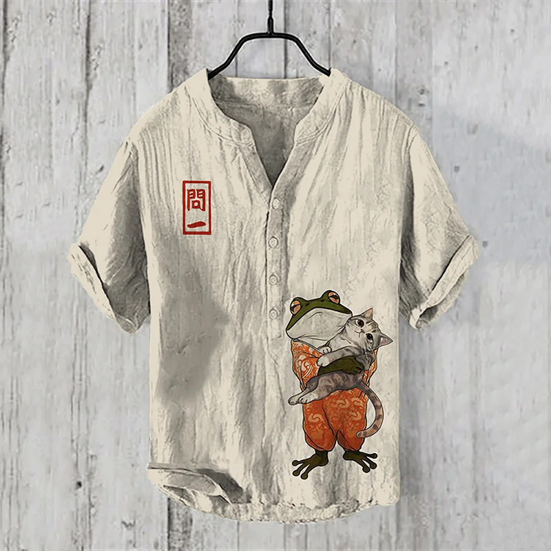 menweary Retro Japanese Kimono Frog Cat Art Print Half Button Linen Blend Shirt