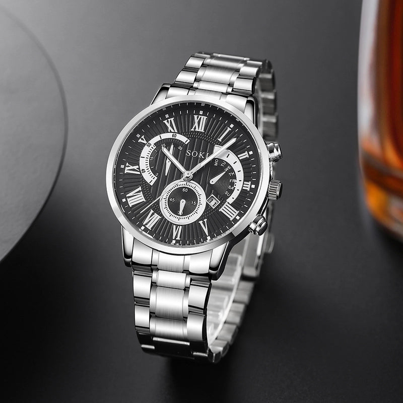 Men’s Suit Business Fashion Outdoor Roman Surface Steel Belt Quartz Watch Chain Bracelet Set