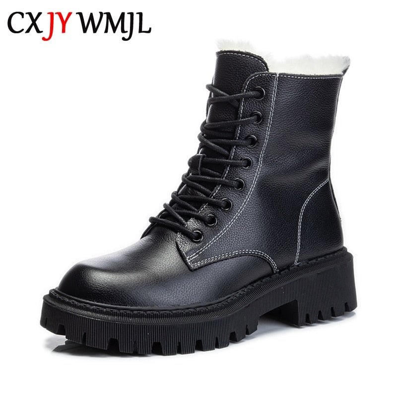 CXJYWMJL Genuine Leather Platform Martin Boots For Women Winter Wool Warm Motorcycle Boots Ladies Knight Booties Ankle Shoes