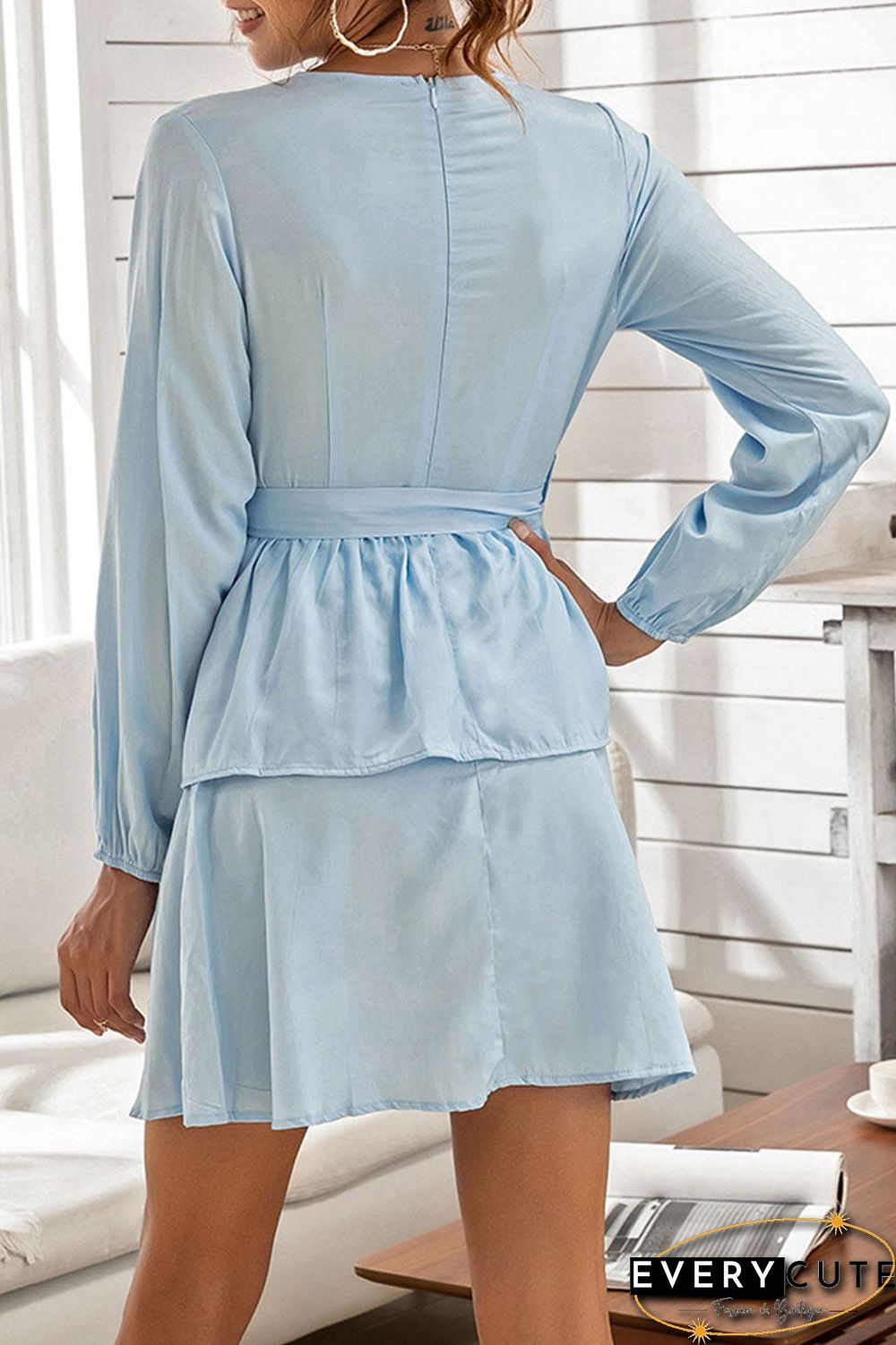 Fashion Sweet Solid Split Joint V Neck Cake Skirt Dresses