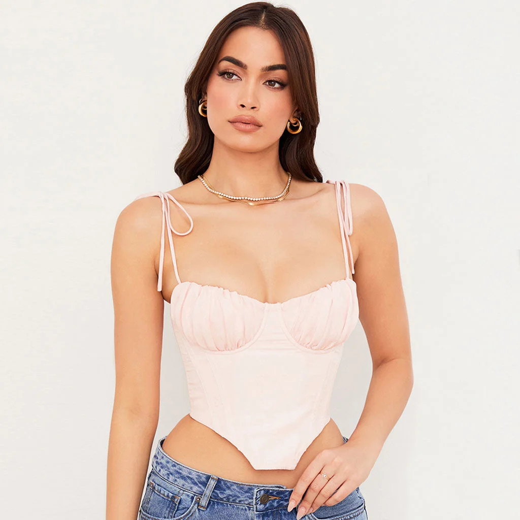 Fidoai Sweet Style Tie String Ruched Bustier Crop Corset Top - Pink